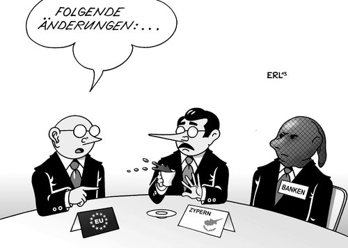 Cartoon: EU Zypern (medium) by Erl tagged zypern,pleite,eu,euro,schulden,hilfe,bedingungen,banken,geschäftsmodell,änderung,ehrlichkeit