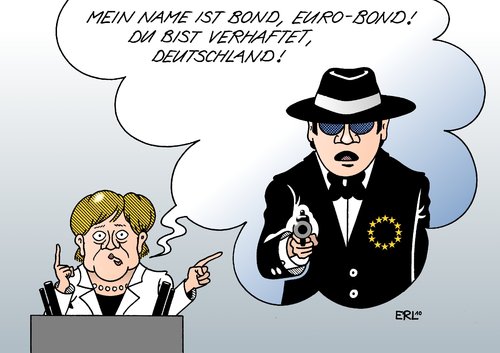 Cartoon: Euro-Bond (medium) by Erl tagged zahlmeister,gemeinsam,zinsen,staatsanleihen,schwäche,währungsunion,währung,euro,eu,egoismus,bond,james,geheimagent,verhaftung,haftung,deutschland,merkel,rede,eu,euro,währung,währungsunion,zinsen,zahlmeister,egoismus,james bond,geheimagent,verhaftung,james,bond