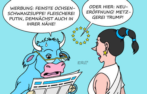 Cartoon: Europa (medium) by Erl tagged politik,eu,putin,angriff,verteidigung,vorbereitung,trump,fleischerei,metzgerei,europa,stier,ochse,karikatur,erl,politik,eu,putin,angriff,verteidigung,vorbereitung,trump,fleischerei,metzgerei,europa,stier,ochse,karikatur,erl