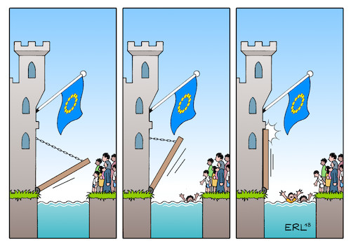 Cartoon: Europa bewegt sich (medium) by Erl tagged politik,deutschland,streit,flüchtlingspolitik,asylmasterplan,flüchtlinge,grenze,innenminister,horst,seehofer,national,alleingang,bundeskanzlerin,merkel,cdu,eu,recht,treffen,gipfel,abschottung,abschreckung,ausweisung,abschiebung,festung,europa,burg,zugbrücke,bewegung,richtung,rechts,rechtspopulismus,nationalismus,karikatur,erl,politik,deutschland,streit,flüchtlingspolitik,asylmasterplan,flüchtlinge,grenze,innenminister,horst,seehofer,national,alleingang,bundeskanzlerin,merkel,cdu,eu,recht,treffen,gipfel,abschottung,abschreckung,ausweisung,abschiebung,festung,europa,burg,zugbrücke,bewegung,richtung,rechts,rechtspopulismus,nationalismus,karikatur,erl