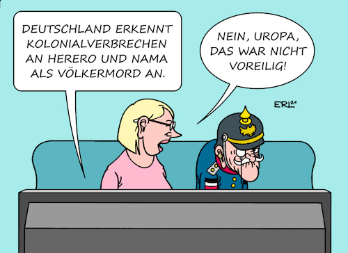 Cartoon: Ewig gestrig (medium) by Erl tagged politik,geschichte,deutschland,kaiserreich,kolonialmacht,afrika,namibia,völkermord,herero,nama,bekenntnis,eingeständnis,anerkennung,hundert,jahre,spät,uropa,pickelhaube,preußen,militär,karikatur,erl,politik,geschichte,deutschland,kaiserreich,kolonialmacht,afrika,namibia,völkermord,herero,nama,bekenntnis,eingeständnis,anerkennung,hundert,jahre,spät,uropa,pickelhaube,preußen,militär,karikatur,erl