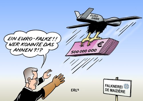 Cartoon: Falknerei De Maiziere (medium) by Erl tagged verteidigungsminister,thomas,de,maiziere,bundeswehr,rapport,euro,hawk,drohne,einstellung,millionen,verschwendung,falke,falknerei,verteidigungsminister,thomas,de,maiziere,bundeswehr,rapport,euro,hawk,drohne,einstellung,millionen,verschwendung,falke,falknerei