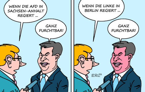 Cartoon: Farbtest (medium) by Erl tagged politik,mitte,radikale,ränder,einschätzung,markus,söder,afd,sachsen,anhalt,linke,berlin,unterschied,gesicht,farbe,gesichtsfarbe,karikatur,erl,politik,mitte,radikale,ränder,einschätzung,markus,söder,afd,sachsen,anhalt,linke,berlin,unterschied,gesicht,farbe,gesichtsfarbe,karikatur,erl