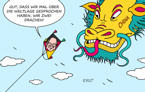 Cartoon: Fast auf Augenhöhe (medium) by Erl tagged politik,bundeskanzler,olaf,scholz,besuch,china,treffen,xi,jinping,wirtschaft,abhängigkeit,machtgefälle,weltlage,krieg,ukraine,gaza,putin,menschenrechte,drache,drachen,augenhöhe,karikatur,erl,politik,bundeskanzler,olaf,scholz,besuch,china,treffen,xi,jinping,wirtschaft,abhängigkeit,machtgefälle,weltlage,krieg,ukraine,gaza,putin,menschenrechte,drache,drachen,augenhöhe,karikatur,erl