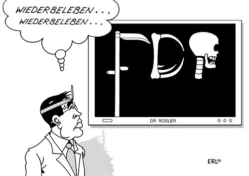 Cartoon: FDP (medium) by Erl tagged fdp,parteitag,vorsitzender,vizekanzler,wirtschaftsminister,philipp,rösler,partei,umfragetief,fünf,prozent,arzt,röntgen,diagnose,therapie,wiederbelebung