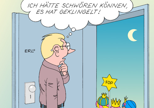 Cartoon: FDP (medium) by Erl tagged fdp,partei,bundestag,außerparlamentarisch,fünf,prozent,hürde,kleinpartei,splitterpartei,dreikönigstreffen,heilige,drei,könige,sternsinger,haustür,klingeln,wähler,zugang,karikatur,erl,fdp,partei,bundestag,außerparlamentarisch,fünf,prozent,hürde,kleinpartei,splitterpartei,dreikönigstreffen,heilige,drei,könige,sternsinger,haustür,klingeln,wähler,zugang,karikatur,erl