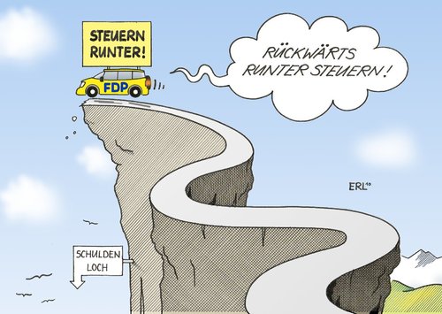 Cartoon: FDP (medium) by Erl tagged fdp,steuer,senkung,schulden,loch,stop,rückzieher,runter