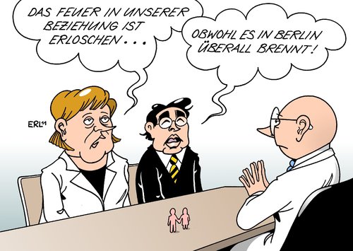 Cartoon: Feuer (medium) by Erl tagged bundeskanzlerin,angela,merkel,vizekanzler,wirtschaftsminister,philipp,rösler,schwarz,gelb,regierung,koalition,liebesheirat,cdu,csu,union,fdp,feuer,berlin,brandanschläge,auto,eisenbahn,bahn,zug,merkel,vizekanzler,wirtschaftsminister,bundeskanzlerin,schwarz,rösler,regierung,koalition,liebesheirat,csu,union