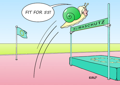 Cartoon: Fit for 55 (medium) by Erl tagged politik,eu,europäische,union,kommission,präsidentin,kommissionspräsidentin,ursula,von,der,leyen,vorstellung,klimaziele,co2,reduktion,55,prozent,2030,aus,verbtrennungsmotoren,2035,2050,klimaschutz,klimapolitik,klimawandel,erderwärmung,fit,hochsprung,schnecke,karikatur,erl,politik,eu,europäische,union,kommission,präsidentin,kommissionspräsidentin,ursula,von,der,leyen,vorstellung,klimaziele,co2,reduktion,55,prozent,2030,aus,verbtrennungsmotoren,2035,2050,klimaschutz,klimapolitik,klimawandel,erderwärmung,fit,hochsprung,schnecke,karikatur,erl