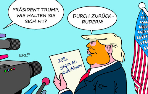 Cartoon: Fitnesstraining (medium) by Erl tagged politik,usa,präsident,trump,zölle,strafzölle,eu,aufschub,zurückrudern,fitnesstraining,karikatur,erl,politik,usa,präsident,trump,zölle,strafzölle,eu,aufschub,zurückrudern,fitnesstraining,karikatur,erl