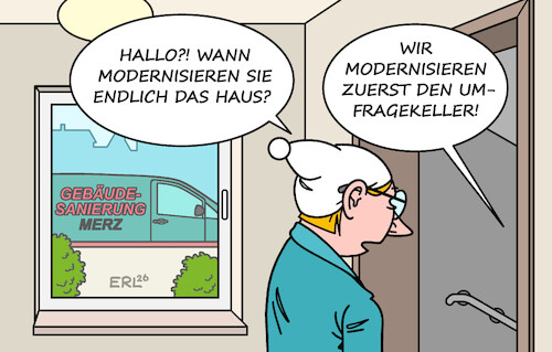 Cartoon: Fleißige Handwerker II (medium) by Erl tagged politik,bundesregierung,schwarz,rot,cdu,csu,spd,bundeskanzler,merz,jahr,amt,deutschland,reformen,modernisierung,umfragekeller,michel,karikatur,erl,politik,bundesregierung,schwarz,rot,cdu,csu,spd,bundeskanzler,merz,jahr,amt,deutschland,reformen,modernisierung,umfragekeller,michel,karikatur,erl