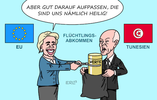 Cartoon: Flüchtlingsabkommen (medium) by Erl tagged politik,eu,asylrecht,änderung,abweisung,außengrenze,abkommen,tunesion,präsident,saied,abbau,demokratie,europäische,werte,ursula,von,der,leyen,migration,karikatur,erl,politik,eu,asylrecht,änderung,abweisung,außengrenze,abkommen,tunesion,präsident,saied,abbau,demokratie,europäische,werte,ursula,von,der,leyen,migration,karikatur,erl