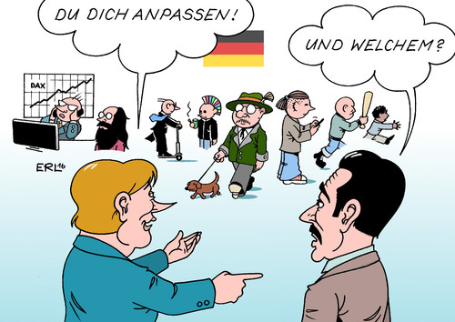 Cartoon: Fördern und Fordern (medium) by Erl tagged regierung,koalition,cdu,csu,spd,bundeskanzlerin,merkel,integration,gesetz,flüchtlinge,fördern,fordern,kultur,deutschland,vielfalt,karikatur,erl,regierung,koalition,cdu,csu,spd,bundeskanzlerin,merkel,integration,gesetz,flüchtlinge,fördern,fordern,kultur,deutschland,vielfalt,karikatur,erl