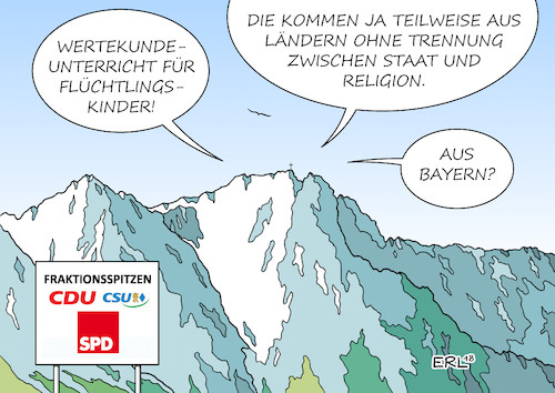 Cartoon: Fraktionsspitzen II (medium) by Erl tagged politik,treffen,zugspitze,gipfel,fraktionen,cdu,csu,spd,bundesregierung,union,forderung,wertekunde,unterricht,flüchtlingskinder,flüchtlinge,kinder,kultur,werte,deutschland,trennung,staat,kirche,bayern,ministerpräsident,markus,söder,kreuz,erlass,behörden,ämter,wähler,afd,rechtspopulismus,karikatur,erl,politik,treffen,zugspitze,gipfel,fraktionen,cdu,csu,spd,bundesregierung,union,forderung,wertekunde,unterricht,flüchtlingskinder,flüchtlinge,kinder,kultur,werte,deutschland,trennung,staat,kirche,bayern,ministerpräsident,markus,söder,kreuz,erlass,behörden,ämter,wähler,afd,rechtspopulismus,karikatur,erl