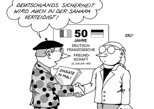 Cartoon: Frankreich Deutschland (medium) by Erl tagged frankreich,deutschland,freundsxhaft,elyseevertrag,1963,50,fünfzig,jahre,militäreinsatz,mali,hilfe,sicherheit,freiheit,verteidigung,hindukusch,afghanistan