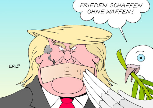 Cartoon: Frieden schaffen (medium) by Erl tagged usa,präsident,donald,trump,nordkorea,diktator,kim,jong,un,atomwaffen,atomraketen,raketentest,reaktion,säbelrasseln,aufrüstung,verbal,drohung,feuer,retourkutsche,hochschaukeln,gefahr,militärschlag,krieg,atomkrieg,waffen,frieden,friedenstaube,maulkorb,pflaster,mund,karikatur,erl,usa,präsident,donald,trump,nordkorea,diktator,kim,jong,un,atomwaffen,atomraketen,raketentest,reaktion,säbelrasseln,aufrüstung,verbal,drohung,feuer,retourkutsche,hochschaukeln,gefahr,militärschlag,krieg,atomkrieg,waffen,frieden,friedenstaube,maulkorb,pflaster,mund,karikatur,erl