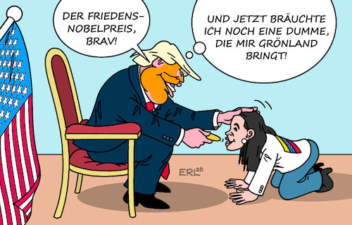 Cartoon: Friedensnobelpreis (medium) by Erl tagged politik,friedensnobelpreisträgerin,venezuela,machado,geschenk,friedensnobelpreis,trump,anspruch,grönland,karikatur,erl,politik,friedensnobelpreisträgerin,venezuela,machado,geschenk,friedensnobelpreis,trump,anspruch,grönland,karikatur,erl