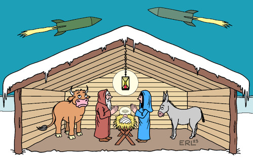 Cartoon: Friedliche Weihnachten (medium) by Erl tagged politik,weihnachten,fest,liebe,frieden,menschen,erde,krieg,terror,gewalt,hass,aggression,raketen,ukraine,nahost,betlehem,stall,krippe,jesus,maria,josef,ochse,esel,karikatur,erl,politik,weihnachten,fest,liebe,frieden,menschen,erde,krieg,terror,gewalt,hass,aggression,raketen,ukraine,nahost,betlehem,stall,krippe,jesus,maria,josef,ochse,esel,karikatur,erl