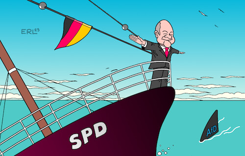 Cartoon: Führungsfigur (medium) by Erl tagged politik,bundesregierung,ampel,bundeskanzler,olaf,scholz,führung,gelassenheit,gefahr,rechtsextremismus,afd,umfragen,spd,sinkendes,schiff,titanic,bug,führungsfigur,hai,meer,karikatur,erl,politik,bundesregierung,ampel,bundeskanzler,olaf,scholz,führung,gelassenheit,gefahr,rechtsextremismus,afd,umfragen,spd,sinkendes,schiff,titanic,bug,führungsfigur,hai,meer,karikatur,erl