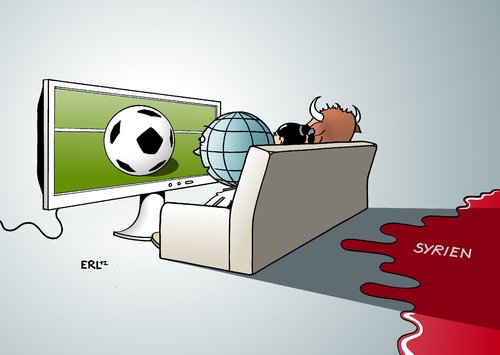 Cartoon: Fußball EM Syrien (medium) by Erl tagged fußball,europameisterschaft,em,2012,polen,ukraine,aufmerksamkeit,beachtung,welt,europa,stier,syrien,diktator,assad,massaker,blut,blutbad,aufstand,fußball,europameisterschaft,em 2012,euro 2012,beachtung,aufmerksamkeit,syrien,diktator,assad,massaker,europa,welt,em,2012,euro