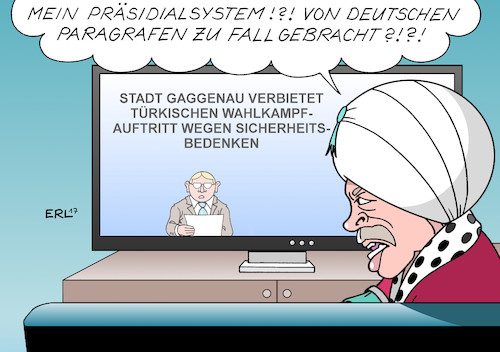 Cartoon: Gaggenau (medium) by Erl tagged stadt,gaggenau,baden,württemberg,verbot,wahlkampfauftritt,justizminister,türkei,sicherheit,bedenken,vorschrift,paragraf,deutschland,erdogan,umbau,demokratie,präsidialsystem,karikatur,erl,stadt,gaggenau,baden,württemberg,verbot,wahlkampfauftritt,justizminister,türkei,sicherheit,bedenken,vorschrift,paragraf,deutschland,erdogan,umbau,demokratie,präsidialsystem,karikatur,erl