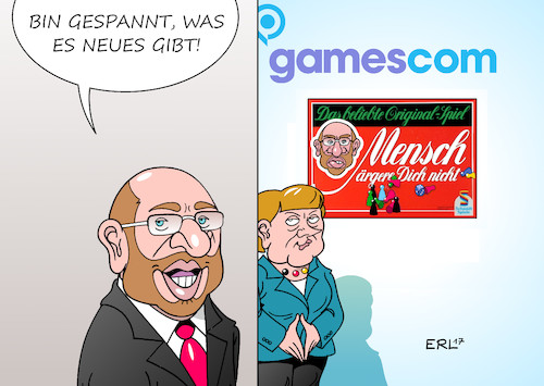 Cartoon: gamescom (medium) by Erl tagged gamescom,messe,köln,spiele,computerspiele,games,virtual,reality,bundestagswahl,wahl,bundeskanzlerin,angela,merkel,cdu,herausforderer,martin,schulz,spd,umfragetief,kampf,mühe,ärger,mensch,ärgere,dich,nicht,karikatur,erl,gamescom,messe,köln,spiele,computerspiele,games,virtual,reality,bundestagswahl,wahl,bundeskanzlerin,angela,merkel,cdu,herausforderer,martin,schulz,spd,umfragetief,kampf,mühe,ärger,mensch,ärgere,dich,nicht,karikatur,erl