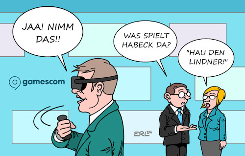 Cartoon: Gamescom (medium) by Erl tagged politik,messe,köln,gamescom,gaming,gamer,computerspiel,virtual,reality,vr,brille,boxkampf,wirtschaftsminister,robert,habeck,grüne,abneigung,finanzminister,christian,lindner,fdp,streit,ampel,haushalt,finanzierung,blockade,projekte,karikatur,erl,politik,messe,köln,gamescom,gaming,gamer,computerspiel,virtual,reality,vr,brille,boxkampf,wirtschaftsminister,robert,habeck,grüne,abneigung,finanzminister,christian,lindner,fdp,streit,ampel,haushalt,finanzierung,blockade,projekte,karikatur,erl