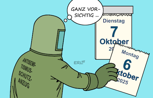 Cartoon: Gefährliches Datum (medium) by Erl tagged politik,oktober,überfall,hamas,israel,reaktion,gaza,krieg,leid,zivilbevölkerung,aufflammen,antisemitismus,gedenken,kalender,schutzanzug,karikatur,erl,politik,oktober,überfall,hamas,israel,reaktion,gaza,krieg,leid,zivilbevölkerung,aufflammen,antisemitismus,gedenken,kalender,schutzanzug,karikatur,erl