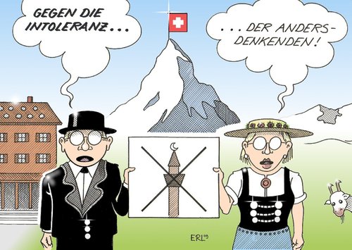 Cartoon: gegen Intoleranz (medium) by Erl tagged schweiz,minarette,abstimmung,verbot,intoleranz,toleranz,islam,muslime,schweiz,minarette,abstimmung,verbot,intoleranz,toleranz,islam,muslime,moschee,kultur,tradition,ausländer