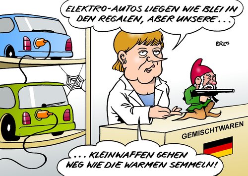 Cartoon: Gemischtwaren (medium) by Erl tagged deutschland,exportschlager,gartenzwerg,gewehr,boom,kleinwaffen,waffenexport,waffen,ladenhüter,elektroauto,merkel,gemischtwaren,gemischtwaren,merkel,elektroauto,waffen,kleinwaffen,gewehr