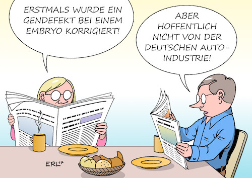 Cartoon: Gendefekt (medium) by Erl tagged autoindustrie,diesel,gipfel,software,update,stickoxide,luftverschmutzung,auto,dieselaffäre,dieselgate,manipulation,abgase,abgaswerte,abgastest,automobilkonzerne,autobauer,technologie,reklamation,autofahrer,paar,frühstück,zeitung,nachricht,gendefekt,embryo,korrektur,medizin,wissenschaft,karikatur,erl,autoindustrie,diesel,gipfel,software,update,stickoxide,luftverschmutzung,auto,dieselaffäre,dieselgate,manipulation,abgase,abgaswerte,abgastest,automobilkonzerne,autobauer,technologie,reklamation,autofahrer,paar,frühstück,zeitung,nachricht,gendefekt,embryo,korrektur,medizin,wissenschaft,karikatur,erl