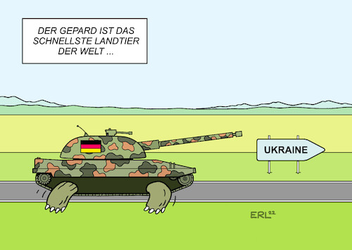 Cartoon: Gepardlieferung (medium) by Erl tagged politik,krieg,angriff,überfall,wladimir,putin,russland,ukraine,usa,eu,deutschland,waffenlieferung,panzer,gepard,termin,juli,schnelligkeit,schildkröte,karikatur,erl,politik,krieg,angriff,überfall,wladimir,putin,russland,ukraine,usa,eu,deutschland,waffenlieferung,panzer,gepard,termin,juli,schnelligkeit,schildkröte,karikatur,erl