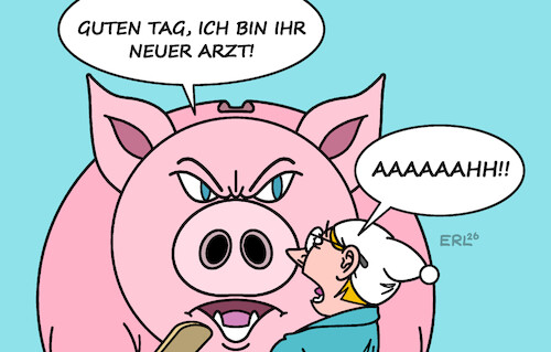 Cartoon: Gesundheitsreform (medium) by Erl tagged politik,medizin,gesundheitsreform,warken,einsparungen,versicherte,sparkurs,sparschwein,arzt,michel,karikatur,erl,politik,medizin,gesundheitsreform,warken,einsparungen,versicherte,sparkurs,sparschwein,arzt,michel,karikatur,erl