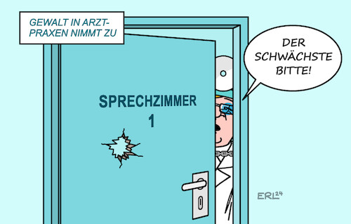 Cartoon: Gewalt in Arztpraxen (medium) by Erl tagged politik,gesundheit,medizin,ärztin,arzt,niedergelassen,patienten,gewälttätig,aggressiv,zunahme,gewalt,aggression,arztpraxis,praxis,sprechzimmer,türschloss,kette,aufruf,patient,patientin,der,nächste,bitte,sprechstunde,behandlung,blaues,auge,veilchen,karikatur,erl,politik,gesundheit,medizin,ärztin,arzt,niedergelassen,patienten,gewälttätig,aggressiv,zunahme,gewalt,aggression,arztpraxis,praxis,sprechzimmer,türschloss,kette,aufruf,patient,patientin,der,nächste,bitte,sprechstunde,behandlung,blaues,auge,veilchen,karikatur,erl