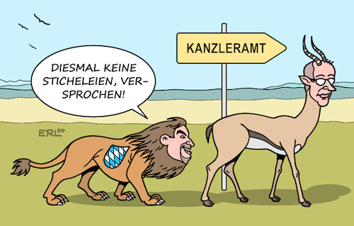 Cartoon: Gezähmter bayrischer Löwe (medium) by Erl tagged politik,union,cdu,csu,kanzlerkandidat,merz,unterstützung,söder,bayern,löwe,gazelle,kanzleramt,karikatur,erl,politik,union,cdu,csu,kanzlerkandidat,merz,unterstützung,söder,bayern,löwe,gazelle,kanzleramt,karikatur,erl