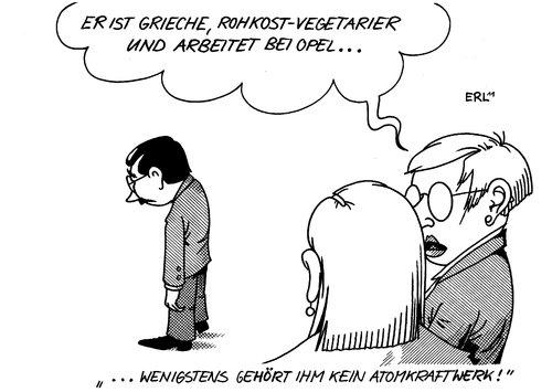 Cartoon: Glück im Unglück (medium) by Erl tagged griechenland,finanzkrise,schuldenkrise,euro,ehec,bakterium,epidemie,krankheit,gemüse,salat,rohkost,vegetarier,verkauf,spekulation,gm,motors,energiewende,atomausstieg,atomwende,glück