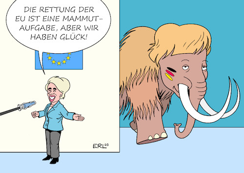 Cartoon: Glücklicher Zufall (medium) by Erl tagged politik,eu,deutschland,ratspräsidentschaft,brexit,corona,wiederaufbau,klimaschutz,green,deal,spaltung,einigung,mammutaufgabe,mammut,bundeskanzlerin,angela,merkel,stärke,einfluss,gewicht,kommissionspräsidentin,ursula,von,der,leyen,europa,karikatur,erl,politik,eu,deutschland,ratspräsidentschaft,brexit,corona,wiederaufbau,klimaschutz,green,deal,spaltung,einigung,mammutaufgabe,mammut,bundeskanzlerin,angela,merkel,stärke,einfluss,gewicht,kommissionspräsidentin,ursula,von,der,leyen,europa,karikatur,erl