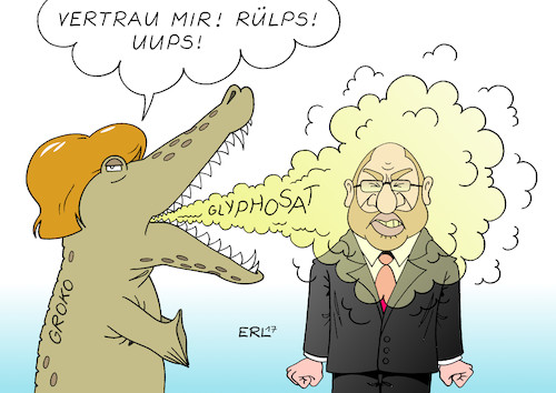 Cartoon: Glyphosat Groko (medium) by Erl tagged bundestagswahl,wahl,bundestag,regierung,regierungsbildung,jamaika,scheitern,neuauflage,große,koalition,groko,schwarz,rot,cdu,csu,spd,werbung,vertrauen,eu,abstimmung,glyphosat,pflanzenschutzmittel,krebserregend,gift,einsatz,erlaubnis,verlängerung,deutschland,zustimmung,landwirtschaftsminister,schmidt,verletzung,absprachen,krokodil,merkel,schulz,karikatur,erl,bundestagswahl,wahl,bundestag,regierung,regierungsbildung,jamaika,scheitern,neuauflage,große,koalition,groko,schwarz,rot,cdu,csu,spd,werbung,vertrauen,eu,abstimmung,glyphosat,pflanzenschutzmittel,krebserregend,gift,einsatz,erlaubnis,verlängerung,deutschland,zustimmung,landwirtschaftsminister,schmidt,verletzung,absprachen,krokodil,merkel,schulz,karikatur,erl