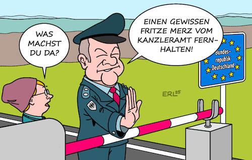 Cartoon: Grenzkontrollen verlängert (medium) by Erl tagged politik,regierung,spd,scholz,grüne,verlängerung,grenzkontrollen,cdu,kanzlerkandidat,friedrich,merz,migration,karikatur,erl,politik,regierung,spd,scholz,grüne,verlängerung,grenzkontrollen,cdu,kanzlerkandidat,friedrich,merz,migration,karikatur,erl