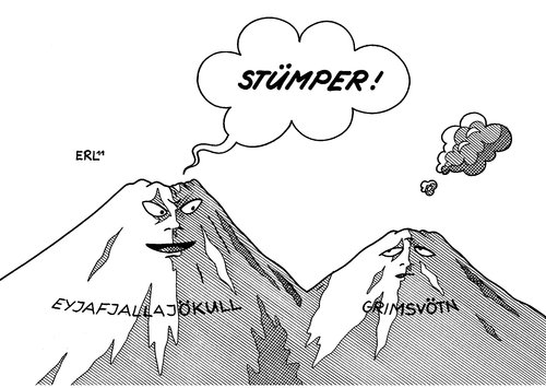 Cartoon: Grimsvötn (medium) by Erl tagged vulkan,island,ausbruch,asche,aschewolke,wolke,behinderung,flugverkehr,wirtschaft,verlust,grimsvötn,eyjafjallajökull