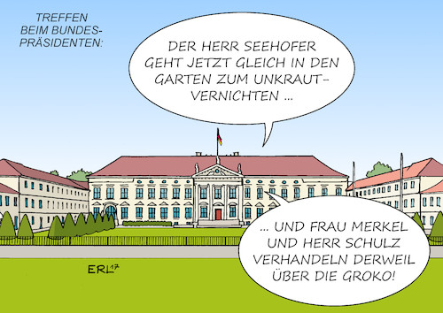 Cartoon: Groko-Treffen (medium) by Erl tagged bundestagswahl,regierungsbildung,jamaika,scheitern,neuauflage,grosse,koalition,groko,schwarz,rot,cdu,csu,spd,vertrauen,eu,abstimmung,glyphosat,pflanzenschutzmittel,einsatz,erlaubnis,verlängerung,deutschland,zustimmung,landwirtschaftsminister,schmidt,verletzung,absprachen,seehofer,merkel,schulz,treffen,bundespräsident,steinmeier,schloß,bellevue,karikatur,erl,bundestagswahl,regierungsbildung,jamaika,scheitern,neuauflage,grosse,koalition,groko,schwarz,rot,cdu,csu,spd,vertrauen,eu,abstimmung,glyphosat,pflanzenschutzmittel,einsatz,erlaubnis,verlängerung,deutschland,zustimmung,landwirtschaftsminister,schmidt,verletzung,absprachen,seehofer,merkel,schulz,treffen,bundespräsident,steinmeier,schloß,bellevue,karikatur,erl