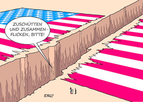 Cartoon: Große Aufgabe (medium) by Erl tagged politik,usa,wahl,präsidentschaft,verlierer,donald,trump,sieger,joe,biden,präsident,bestätigung,kongress,trumpismus,spaltung,rechtspopulismus,rassismus,nationalismus,anhänger,verschwörungstheorien,wahlbetrug,demonstration,washington,rede,anfeuerung,sturm,erstürmung,kapitol,anschlag,demokratie,freiheit,graben,kluft,flagge,zerrissen,aufgabe,gräben,zuschütten,zusammenflicken,karikatur,erl,politik,usa,wahl,präsidentschaft,verlierer,donald,trump,sieger,joe,biden,präsident,bestätigung,kongress,trumpismus,spaltung,rechtspopulismus,rassismus,nationalismus,anhänger,verschwörungstheorien,wahlbetrug,demonstration,washington,rede,anfeuerung,sturm,erstürmung,kapitol,anschlag,demokratie,freiheit,graben,kluft,flagge,zerrissen,aufgabe,gräben,zuschütten,zusammenflicken,karikatur,erl