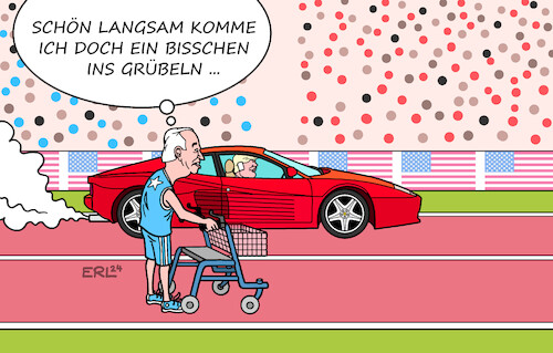 Cartoon: Grübeln (medium) by Erl tagged politik,usa,wahl,präsidentschaft,kandidat,demokraten,präsident,joe,biden,alt,alter,gebrechkichkeit,gedächtnis,verwechslung,worte,menschen,drängen,platz,nachfolgerin,nachfolger,jünger,konkurrent,republikaner,donald,trump,überleben,attentat,heilsbringer,aufwind,ferrari,testarossa,rollator,rennen,nachdenken,grübeln,signale,bereitschaft,rückzug,karikatur,erl,politik,usa,wahl,präsidentschaft,kandidat,demokraten,präsident,joe,biden,alt,alter,gebrechkichkeit,gedächtnis,verwechslung,worte,menschen,drängen,platz,nachfolgerin,nachfolger,jünger,konkurrent,republikaner,donald,trump,überleben,attentat,heilsbringer,aufwind,ferrari,testarossa,rollator,rennen,nachdenken,grübeln,signale,bereitschaft,rückzug,karikatur,erl