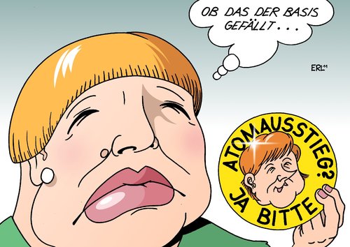 Cartoon: Grüne Atomausstieg (medium) by Erl tagged grüne,bündnis,90,die,grünen,atomkraft,atomenergie,atomausstieg,cdu,csu,fdp,schwarz,gelb,bundeskanzlerin,angela,merkel,claudia,roth,zustimmung,parteitag,basis,skepsis,grüne,grünen,atomkraft,atomenergie,atomausstieg,cdu,csu,fdp,schwarz,gelb,bundeskanzlerin,angela merkel,claudia roth,parteitag,skepsis,basis,zustimmung,angela,merkel,claudia,roth