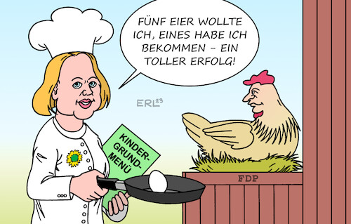 Cartoon: Grüner Erfolg (medium) by Erl tagged politik,regierung,koalition,ampel,spd,grüne,fdp,streit,familienministerin,lisa,paus,finsnzminister,christian,lindner,kindergrundsicherung,forderung,12,milliarden,euro,zusage,ein,fünftel,kindermenü,eier,pfanne,ei,huhn,köchin,karikatur,erl,politik,regierung,koalition,ampel,spd,grüne,fdp,streit,familienministerin,lisa,paus,finsnzminister,christian,lindner,kindergrundsicherung,forderung,12,milliarden,euro,zusage,ein,fünftel,kindermenü,eier,pfanne,ei,huhn,köchin,karikatur,erl