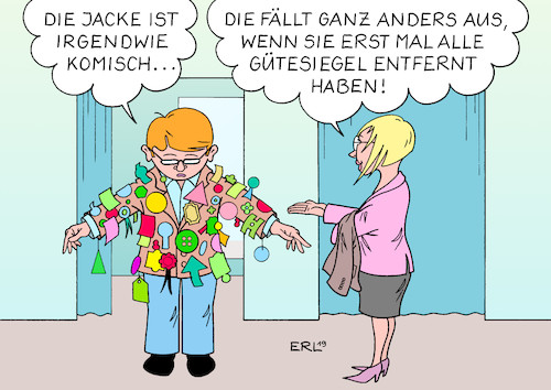 Cartoon: Grüner Knopf (medium) by Erl tagged politik,produktion,herstellung,kleidung,einführung,grüner,knopf,textil,gütesiegel,nachhaltigkeit,einhaltung,standards,nähen,färben,löhne,billiglohnländer,sklaven,arbeitsbedingungen,siegel,vielzahl,verwirrung,jacke,anprobe,kunde,verkäuferin,karikatur,erl,politik,produktion,herstellung,kleidung,einführung,grüner,knopf,textil,gütesiegel,nachhaltigkeit,einhaltung,standards,nähen,färben,löhne,billiglohnländer,sklaven,arbeitsbedingungen,siegel,vielzahl,verwirrung,jacke,anprobe,kunde,verkäuferin,karikatur,erl