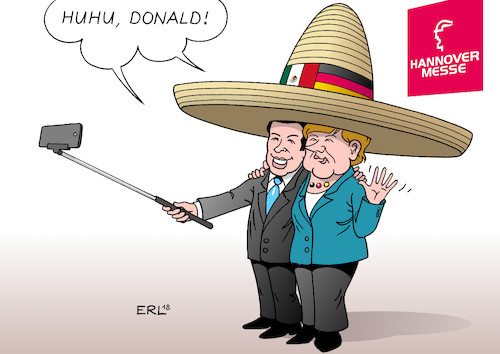 Cartoon: Grüße an Trump (medium) by Erl tagged politik,hannover,messe,deutschland,mexiko,industrie,wirtschaft,handel,freihandel,freihandelsabkommen,unterstützung,zusammenhalt,usa,präsident,donald,trump,mauer,rechtspopulismus,nationalismus,rassismus,twitter,smartphone,selfie,selfiestange,sombrero,enrique,pena,nieto,bundeskanzlerin,angela,merkel,karikatur,erl,politik,hannover,messe,deutschland,mexiko,industrie,wirtschaft,handel,freihandel,freihandelsabkommen,unterstützung,zusammenhalt,usa,präsident,donald,trump,mauer,rechtspopulismus,nationalismus,rassismus,twitter,smartphone,selfie,selfiestange,sombrero,enrique,pena,nieto,bundeskanzlerin,angela,merkel,karikatur,erl