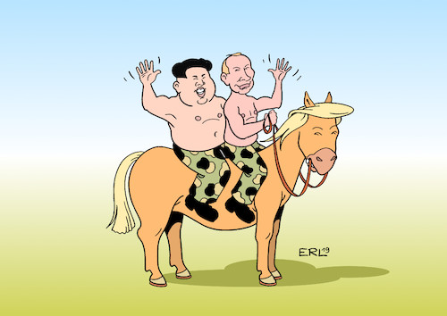 Cartoon: Grüße aus Wladiwostok (medium) by Erl tagged politik,treffen,kim,jong,un,diktator,nordkorea,wladimir,putin,präsident,russland,gegengewicht,usa,donald,trump,pferd,karikatur,erl,politik,treffen,kim,jong,un,diktator,nordkorea,wladimir,putin,präsident,russland,gegengewicht,usa,donald,trump,pferd,karikatur,erl