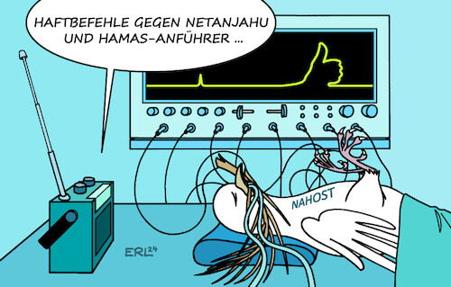 Cartoon: Haftbefehle (medium) by Erl tagged politik,justiz,internationaler,strafgerichtshof,den,haag,ankläger,chefankläger,haftbefehl,ministerpräsident,benjamin,netanjahu,verteidigungsminister,joaw,gallant,israel,drei,anführer,hamas,terror,islamismus,nahost,friedenstaube,intensivstation,daumen,hoch,lebenszeichen,karikatur,erl,politik,justiz,internationaler,strafgerichtshof,den,haag,ankläger,chefankläger,haftbefehl,ministerpräsident,benjamin,netanjahu,verteidigungsminister,joaw,gallant,israel,drei,anführer,hamas,terror,islamismus,nahost,friedenstaube,intensivstation,daumen,hoch,lebenszeichen,karikatur,erl