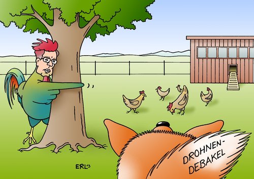 Cartoon: Hahn Thomas De Maiziere (medium) by Erl tagged maiziere,de,thomas,verteidigungsminister,eurohawk,drohne,debakel,anschaffung,kosten,zulassung,untersuchungsausschuss,schuld,abwälzen,schuldzuweisung,hahn,hühner,fuchs,hahn,thomas,de,maiziere